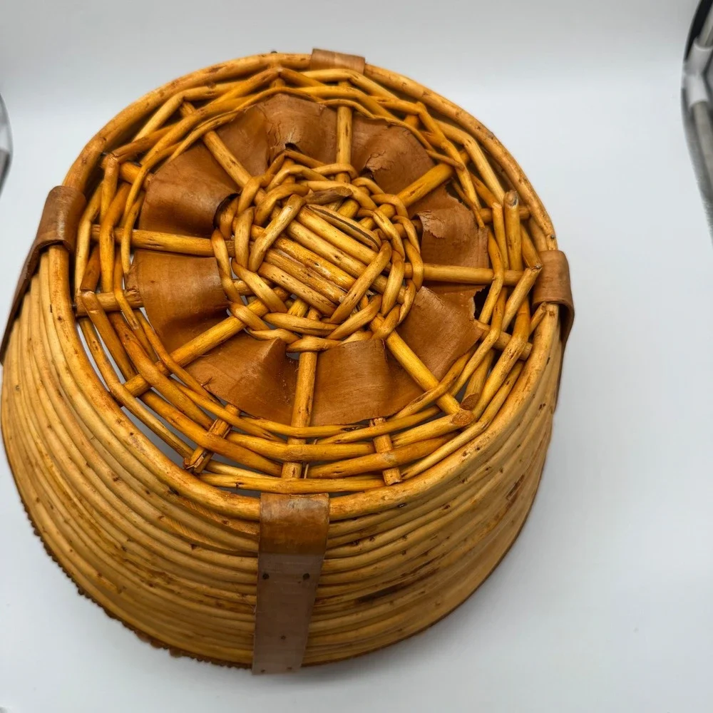 Vintage Woven Gathering Basket Wood Handles Split Reed Jute Rope Rim 11